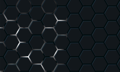 Dark hexagon abstract technology background with black and white bright flashes under the hexagon. Hexagon game vector technology illustration on black abstract background.