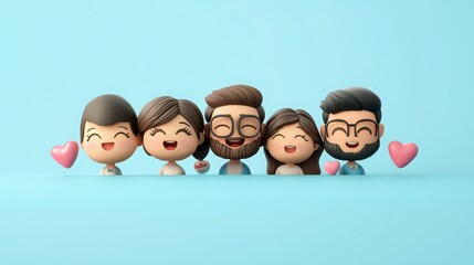 Cartoon family of five standing together with pink hearts on a light blue background