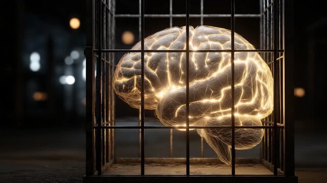 A brain is inside a cage. The brain is glowing. Symbolic glowing AI brain inside locked cage, conceptual ethics governance, ai governance ethics dramatic lighting, quantum ai development