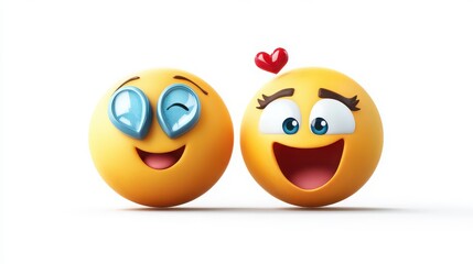 Two happy emojis are smiling and laughing isolated on white background, one with a heart above it