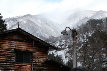The scenery of the village after the snow in Shirakawa Village, Gifu, Japan