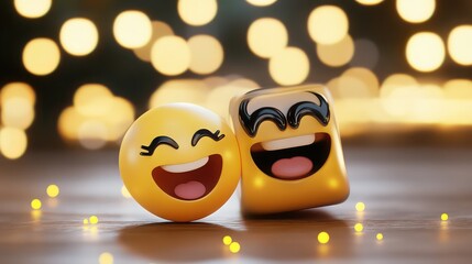 Two happy emojis are smiling and laughing with a bokeh background of warm lights in the background