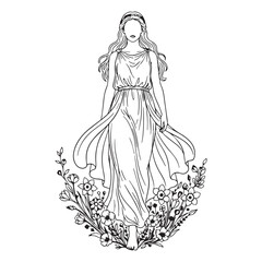 Mythical Persephone Lineart – Persephone Vector Outline Drawing with Harvest Details – Persephone Drawing – Vector of Persephone – Persephone Outline