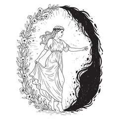 Queen Persephone Lineart &ndash; Persephone Vector Illustration with Mythical Underworld Theme &ndash; Persephone Drawing &ndash; Line Art Drawing of Persephone &ndash; Persephone Icon
