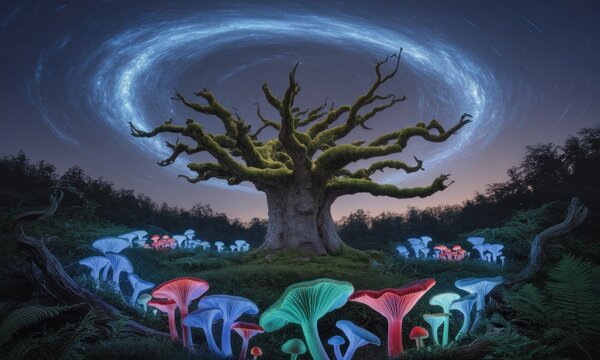 Enchanting ancient tree bathed in ethereal light, surrounded by glowing mushrooms in a mystical forest at night