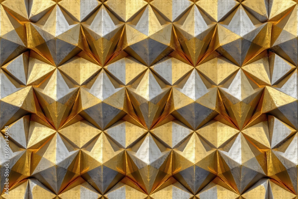 Poster the image features a close up view of a geometric wall sculpture composed of numerous three dimensio