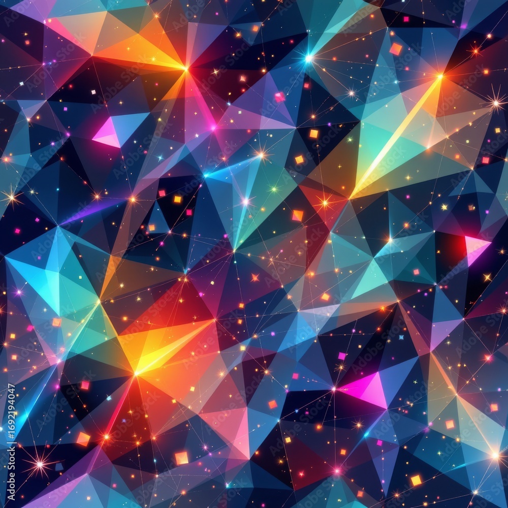 Poster the image features a vibrant, abstract pattern composed of numerous multicolored geometric shapes, p
