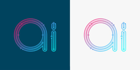 Artificial intelligence logo, chip, icon, sign in the flat line design style. Digital circuit board concept technology artwork for poster, cover, web banner, card. AI futuristic vector.