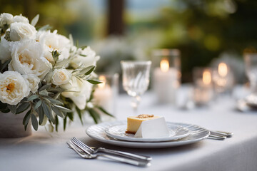Elegantly styled event table featuring beautiful white floral arrangement, delicate dessert, and soft candlelight. Perfect for showcasing weddings, celebrations, or fine dining.