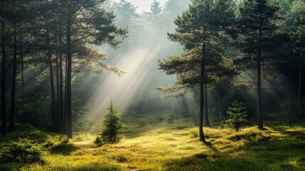 Fototapeta premium Sunbeams pierce through the dense foliage of a misty forest, illuminating a clearing with a small pine tree in the center.