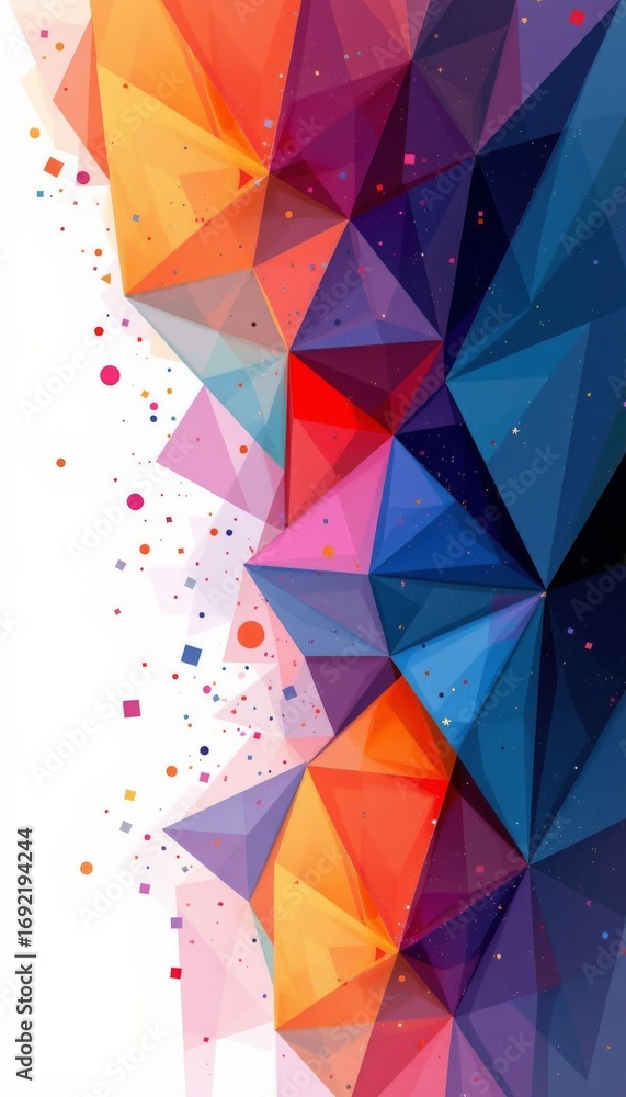 Poster the image features an abstract geometric design composed of multi colored polygonal shapes, primaril