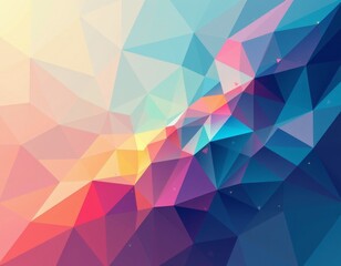 The image features an abstract geometric pattern composed of numerous overlapping triangles in a vibrant gradient of colors