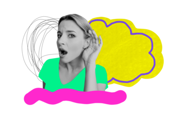 Composite creative art collage of astonished girl hold hand ear rumors gossip listener deaf secret whisper isolated on painted background