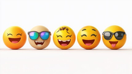 Group of funny emoji faces with different expressions isolated on white background, social media concept