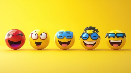 Five colorful emoji characters in a row against a bright yellow background with happy and fun expressions