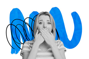 Composite trend artwork sketch image collage of young lady monochrome hand gesture cover mouth dont speak keep silence upset bully abuse