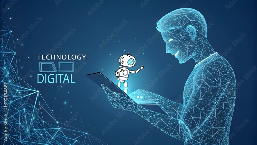Wall mural a digital illustration depicts a man using a tablet with an animated robot on screen, against a dark