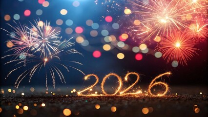 olorful Shiny Particles and Fireworks – 2026 Celebration Background with Copy Space - 2