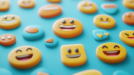 A collection of 3d rendered emoji icons with various expressions on a blue background in a flat lay style
