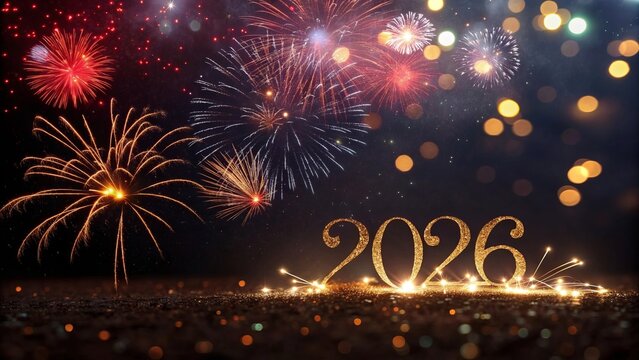olorful Shiny Particles and Fireworks – 2026 Celebration Background with Copy Space