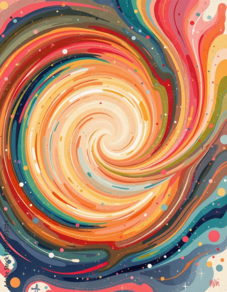 Poster the image features a vibrant, swirling cosmic vortex with a dynamic spiral pattern at its center