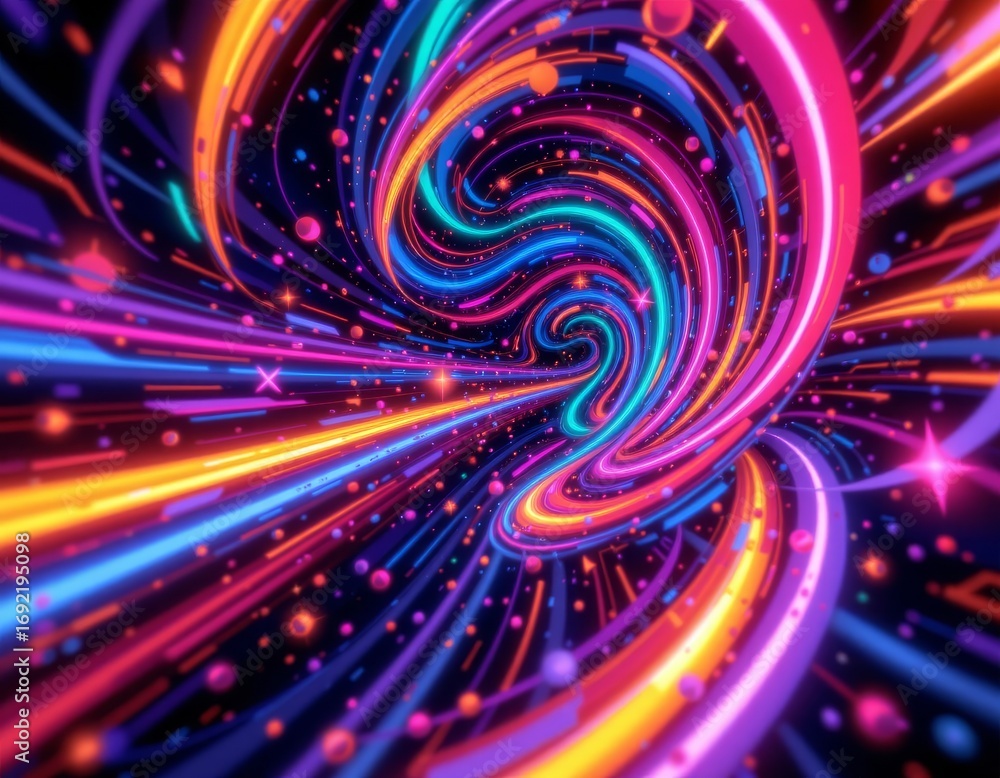 Poster the image features a vibrant, dynamic scene of swirling neon lights forming a tunnel like structure,