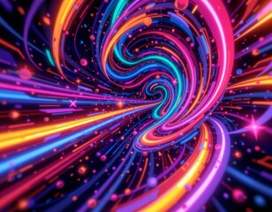 The image features a vibrant, dynamic scene of swirling neon lights forming a tunnel like structure, creating a sense of motion and depth