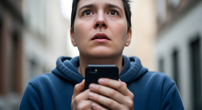 Woman looking at phone with concern.