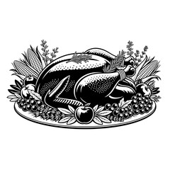 Illustration of a roasted turkey on a platter, , adorned with fruits and herbs for a festive thanksgiving feast
