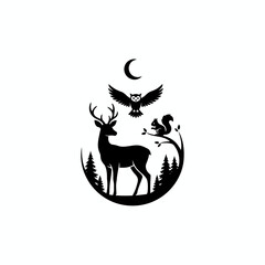 Vector art of silhouette of a deer, owl, and squirrel under a crescent moon a magical woodland scene in black and white