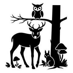 Vector art of silhouette of a deer, owl, and squirrel in a forest scene with mushrooms, creating a whimsical and enchanting woodland illustration