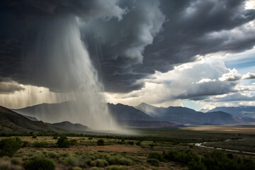 Dramatic Cloudburst Over Mountain Landscape with Heavy Rainfall