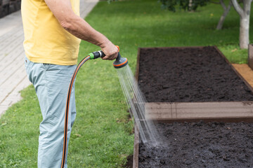 Senior man watering garden with hose in backyard. Organic farming and gardening concept,...