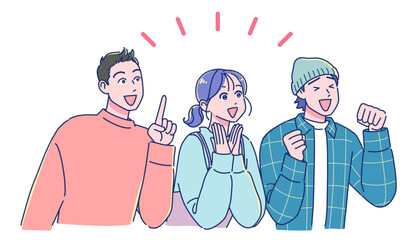 斜め上を見て感激するアニメ調の若い男女