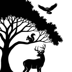 Vector art of silhouette of a deer, owl, and squirrel in a forest scene, a minimalist design for nature lovers and wildlife enthusiasts