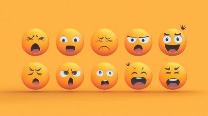 Collection of expressive emoji faces showing a variety of emotions on a bright orange background
