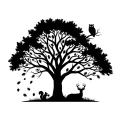 Vector art of silhouette of a deer, owl, and squirrel in a forest scene, a minimalist design for nature lovers and wildlife enthusiasts