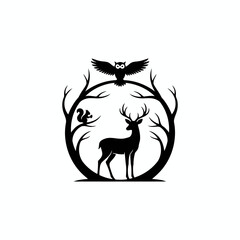 Vector art of silhouette of a deer, owl, and squirrel within a circular frame of branches, evoking a sense of natures harmony