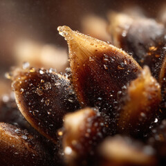 Extreme macro image showcasing dark, glistening seeds covered in moisture. Evokes themes of nature, growth, freshness, and detail. Ideal for food, agriculture or scientific projects.