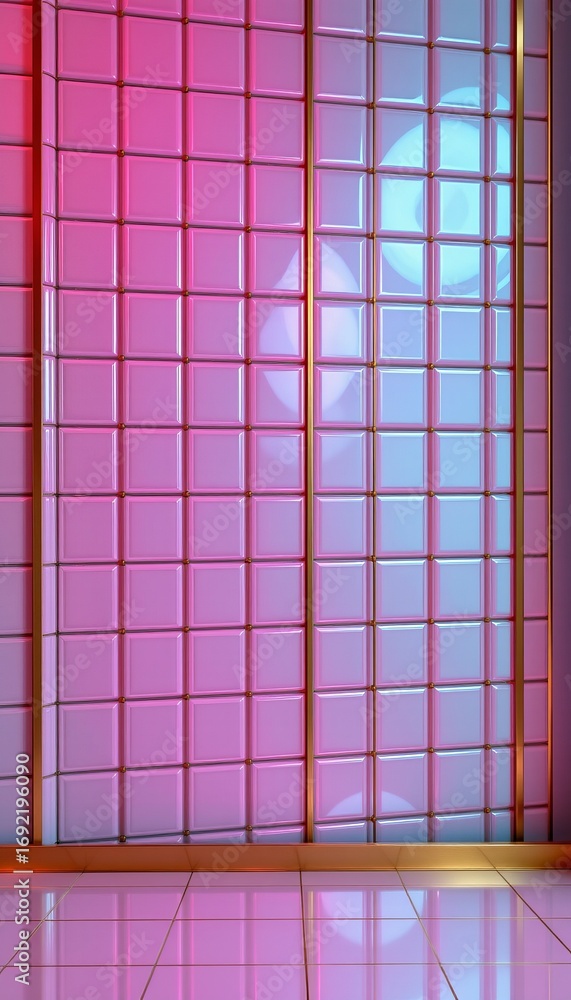 Poster the image features a large grid of illuminated square panels arranged in a uniform pattern