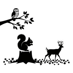 Vector art of silhouette of a deer, squirrel, and owl a whimsical woodland scene with a touch of natures charm and beauty