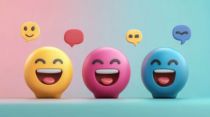 Three colorful emoji characters with happy expressions and speech bubbles on a gradient background
