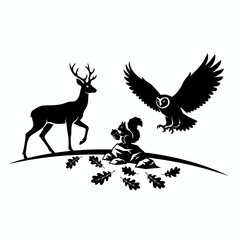 Vector art of silhouette of a deer, squirrel, and owl, creating a nature scene with oak leaves scattered on the ground