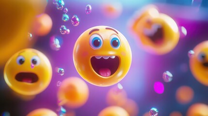 A yellow emoji ball with open mouth and big eyes floating in a purple and blue bubble background