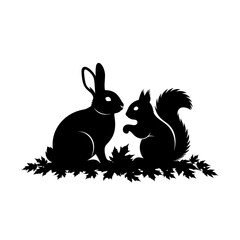 Vector art of silhouette of a rabbit and a squirrel sitting together on a bed of leaves, , in black and white style