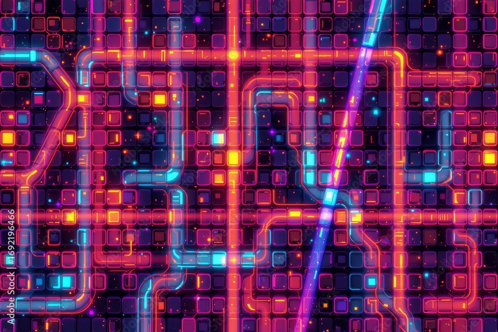 Poster the image features a vibrant, illuminated digital circuit pattern with interconnected pathways glowi