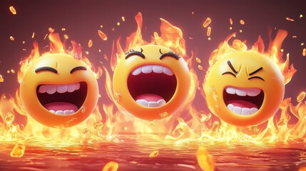 Three yellow laughing emojis on fire expressing joy and amusement in a vibrant and playful design