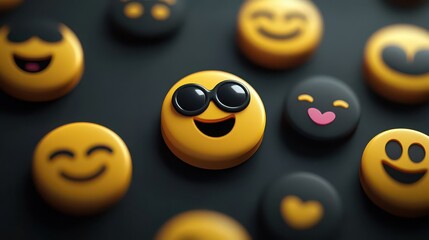 A collection of 3d rendered yellow and black emoji faces expressing various emotions on dark background