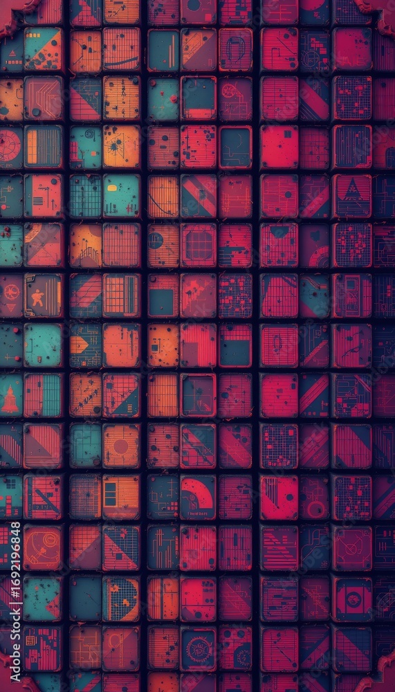 Poster the image features a grid of small, square compartments, each containing various colorful objects an