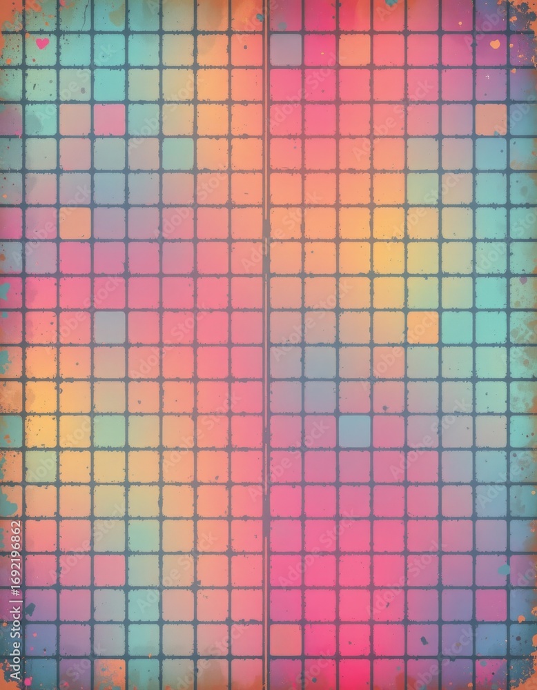 Poster the image features a colorful, grid like pattern composed of small squares, each filled with a gradi